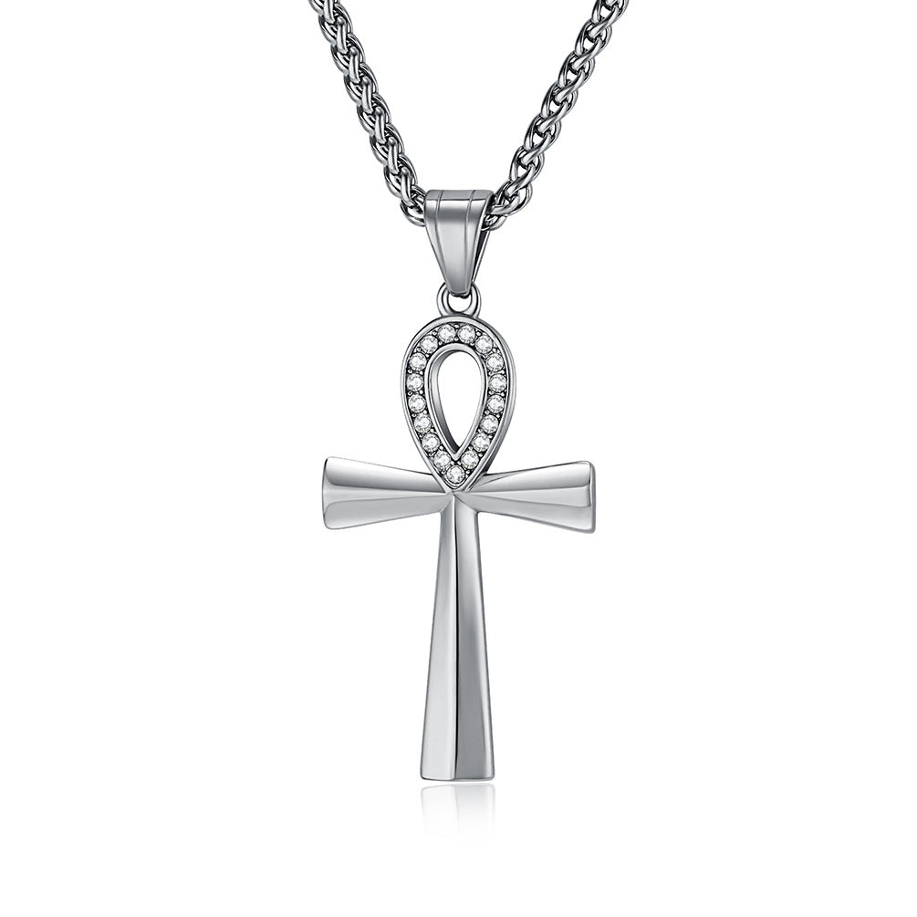 Planderful Ankh Zircon Cross Necklace For Men Titanium Steel Pendant With Inlaid Zircon Stones