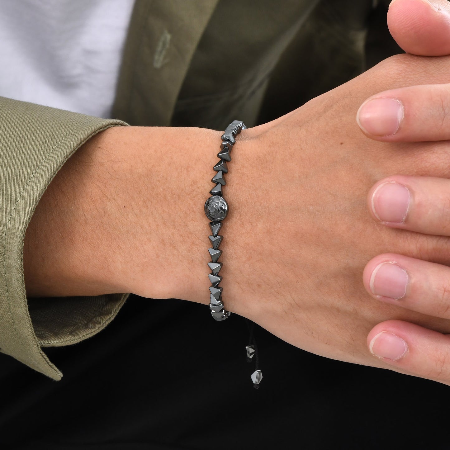 Men's Black Gallstone Rose Cut Face Beaded Bracelet