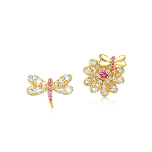 Pink and White Zircon Dragonfly Flower Asymmetric Sterling Silver Stud Earrings