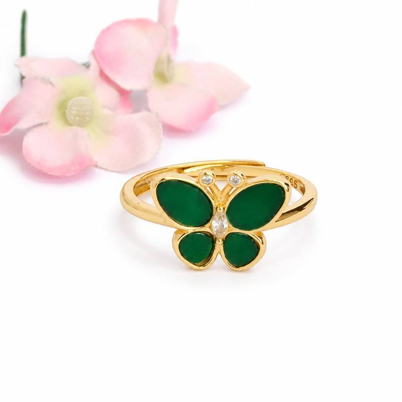 Green Jadeite Butterfly 925 Silver Ring