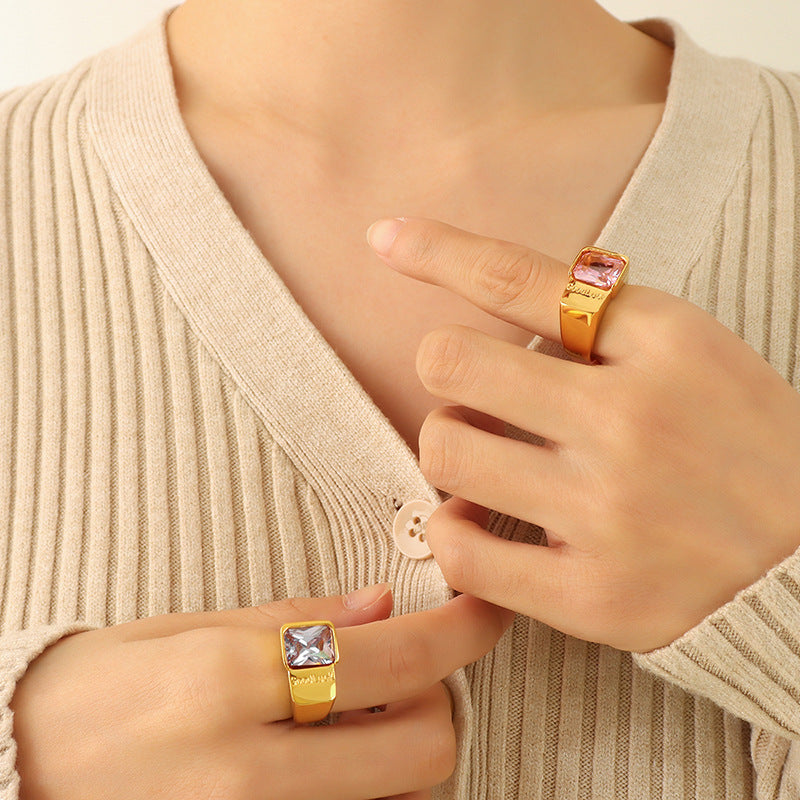 French Style Unisex Titanium Steel Ring with Zircon Detail