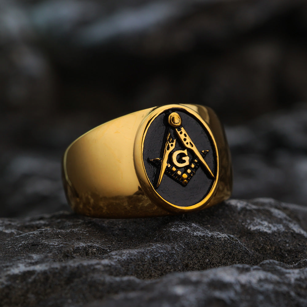 Freemasonry Ring For Men Stainless Steel Gold Tone Retro Style Planderful Collection