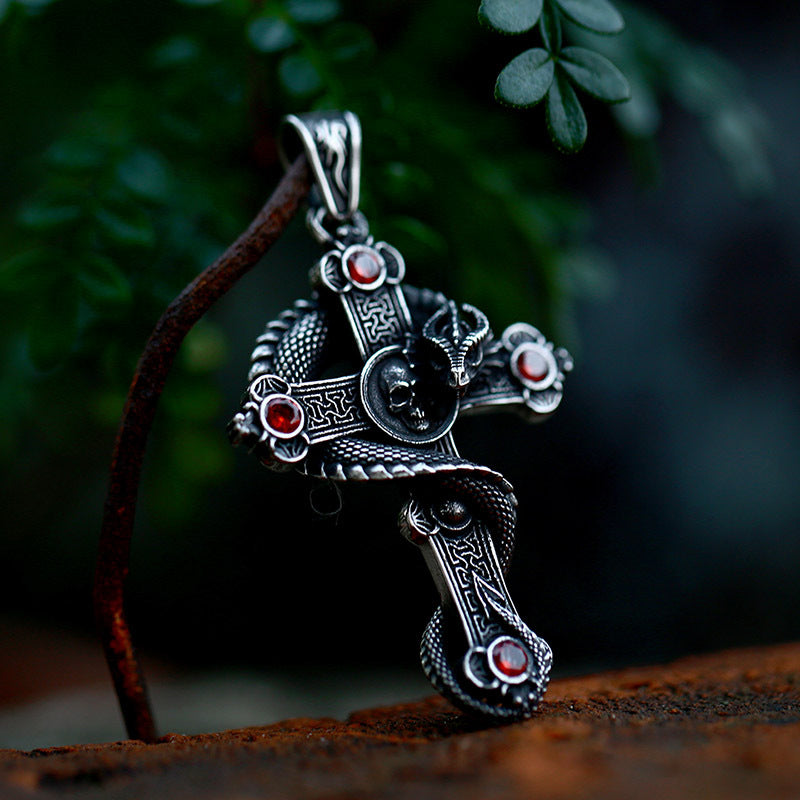 Titanium Steel Retro Cross Dragon Pendant for Men - Foreign Trade Inlaid Stone Jewelry