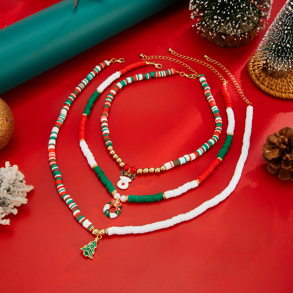 Christmas Bell, Tree & Elk Pendant Necklace