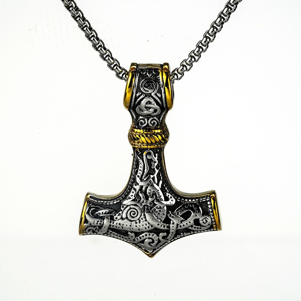European and American Jewelry Wholesale Titanium Steel Men's Pendant Necklace Retro Viking Thor's Hammer for Men