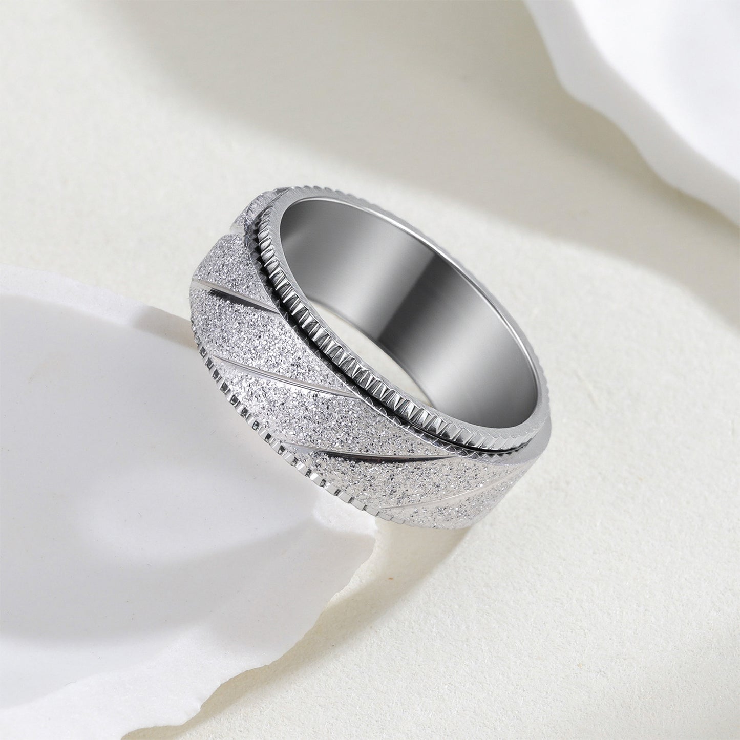 Planderful Titanium Steel Ring Unisex Rotatable Oblique Stripe Matte Finish Everyday Genie Statement