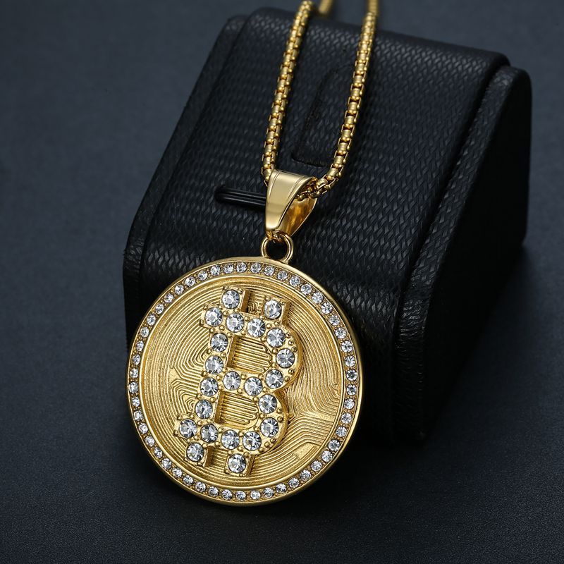 Planderful Bitcoin Pendant Gold Plated Steel Rhinestone Necklace for Hip Hop Fans Statement Accessory
