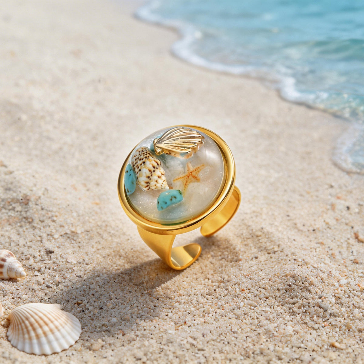 French Stainless Steel Resin Ocean Turquoise Starfish Pearl Opening Women's Ring