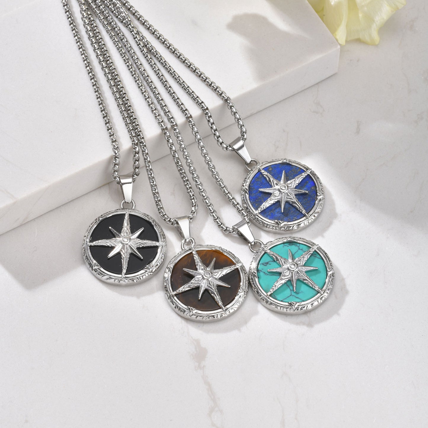 Planderful Bold Steel Tiger's Eye Octagram Pendant For Men