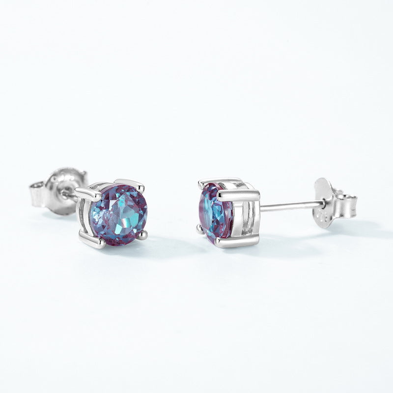 S925 Sterling Silver Moss Agate & Lab-Grown Alexandrite Minimalist Stud Earrings