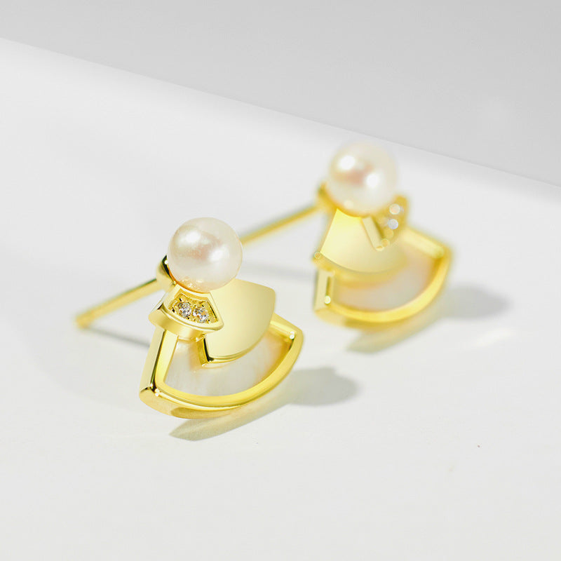 Mother of Pearl Fan Design Pearl Zircon Sterling Silver Stud Earrings