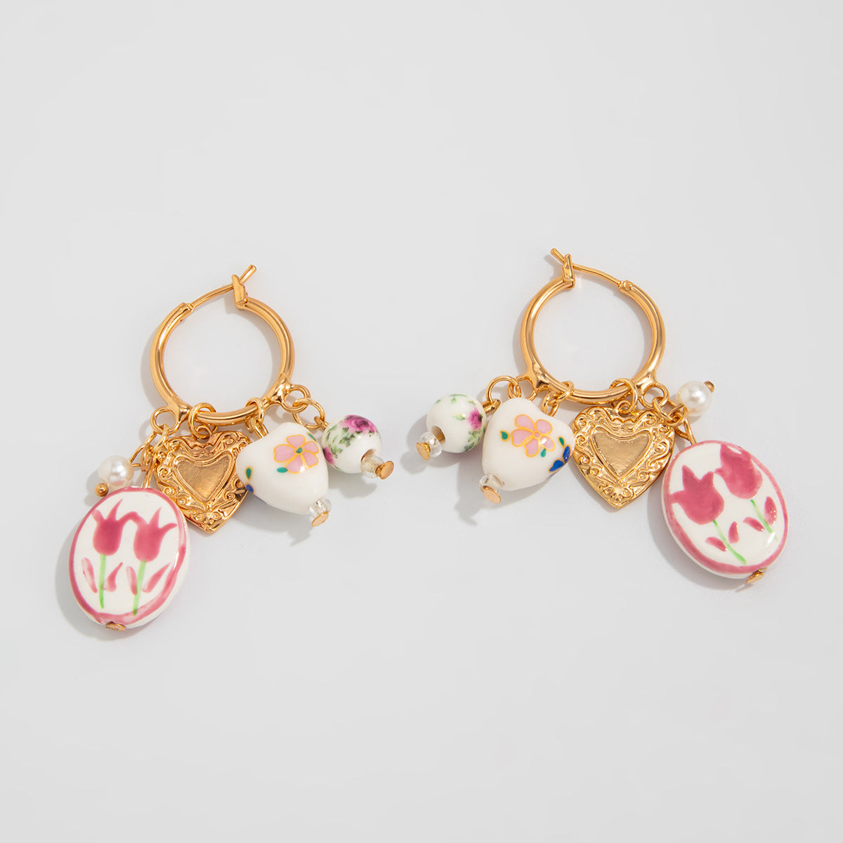 Planderful Pearl Heart Pendant Earrings Vienna Verve For Women Ceramic Flower Design Stunning Statement Jewelry
