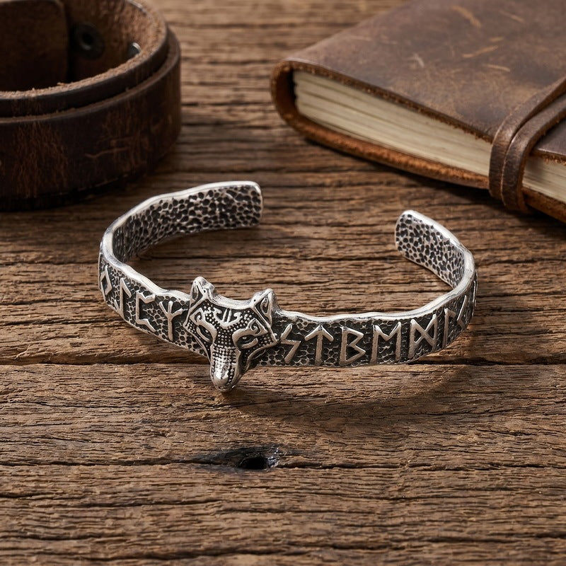 Nordic Viking Warrior Luhn Rune C-Type Bracelet Wolf Head Stainless Steel Men's Open