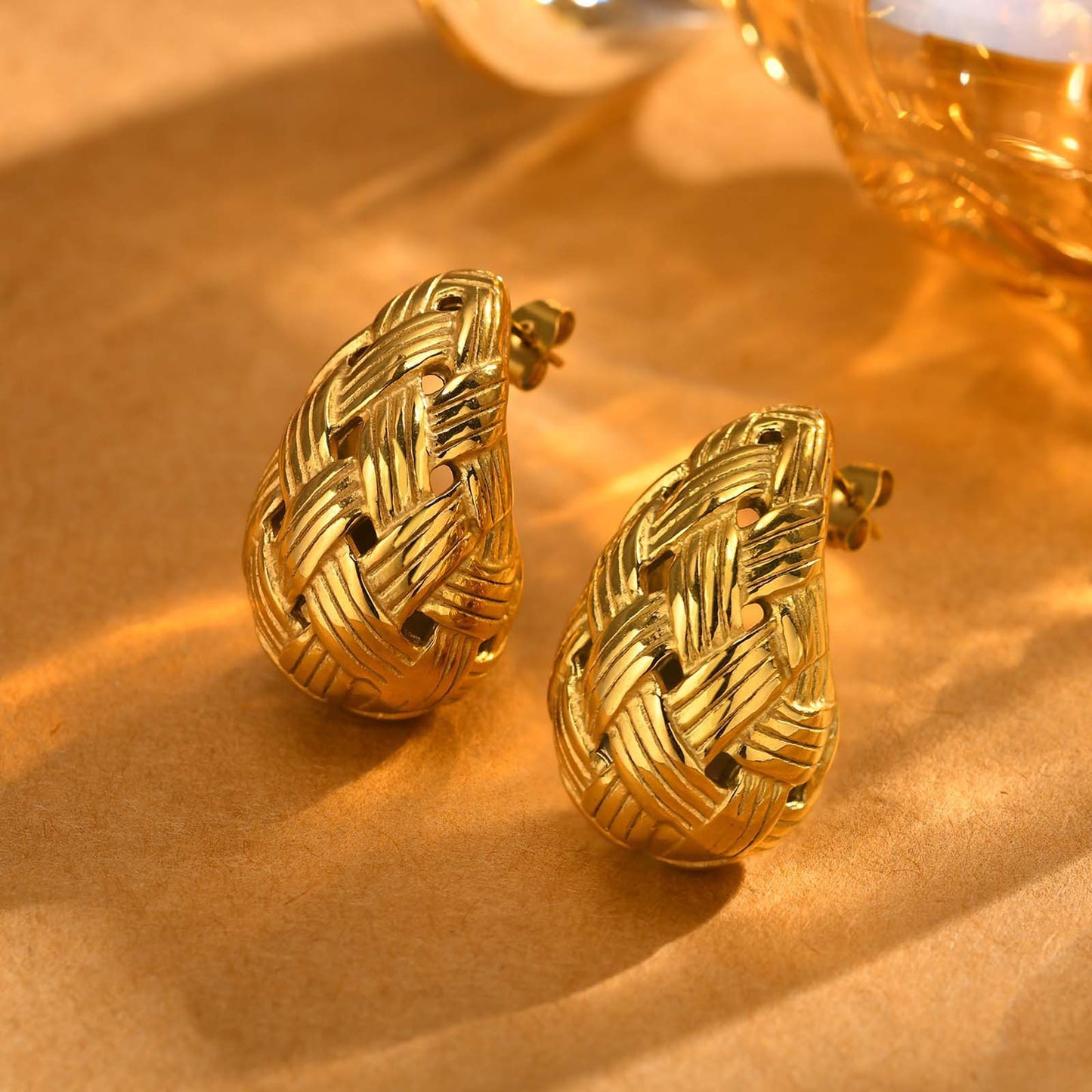 Earrings Stainless Steel Water Drop Braided Golden Jewelry