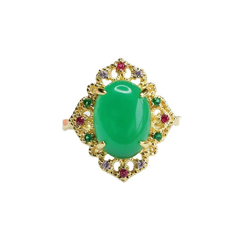 Green Chalcedony Gemstone Ring with Red Agate and Zircon in Palace Style