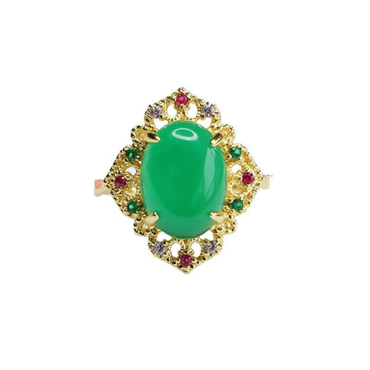 Green Chalcedony Gemstone Ring with Red Agate and Zircon in Palace Style