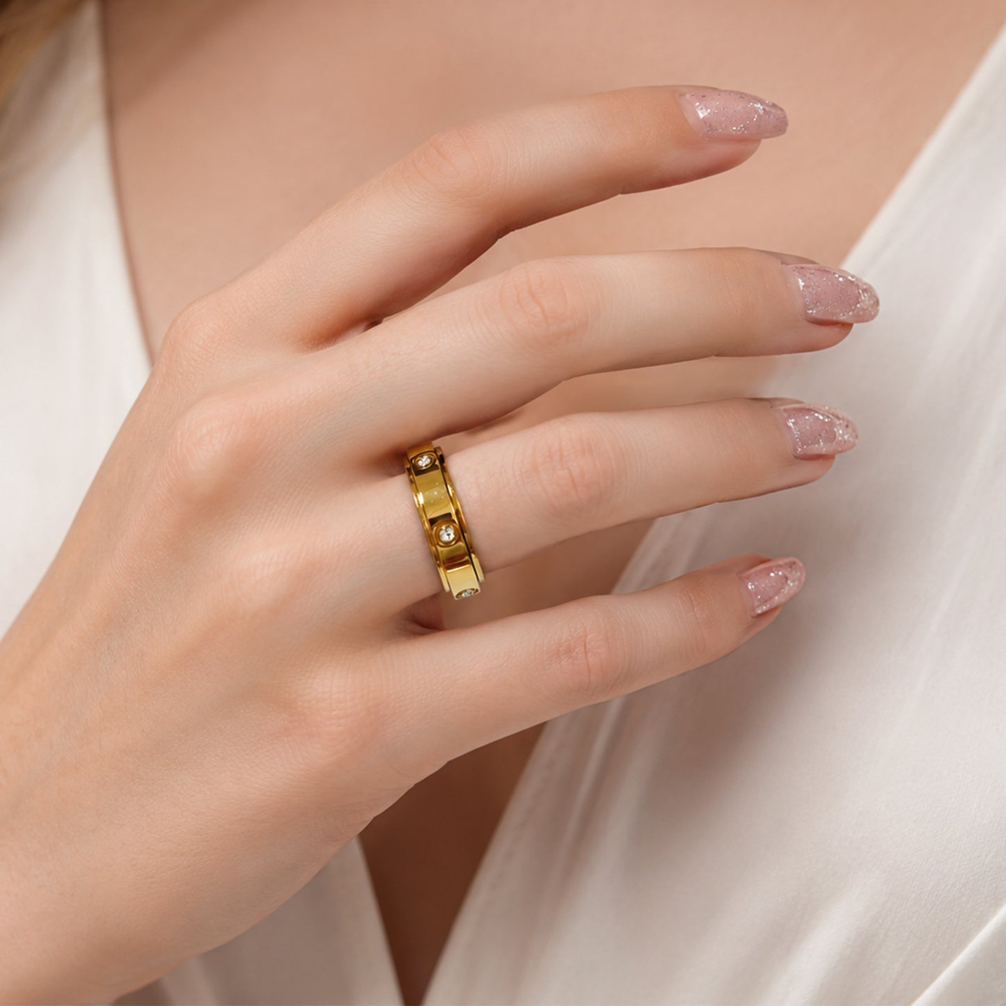 Planderful Everyday Genie Rotatable Zircon Stainless Steel Ring For Couples Unisex Light Luxury