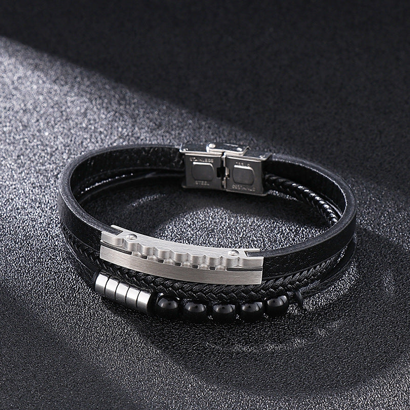 Planderful Mens Personalized Woven Leather Beaded Bracelet
