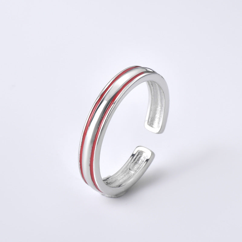 Red and Black Lines Opeing Sterling Silver Couple Rings