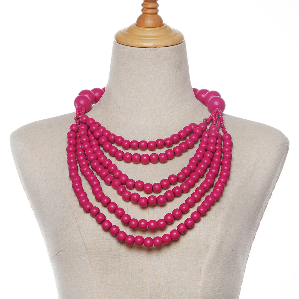 Extravagant Multilayer Wooden Bead Necklace with Black Pendant Women's Statement Jewelry