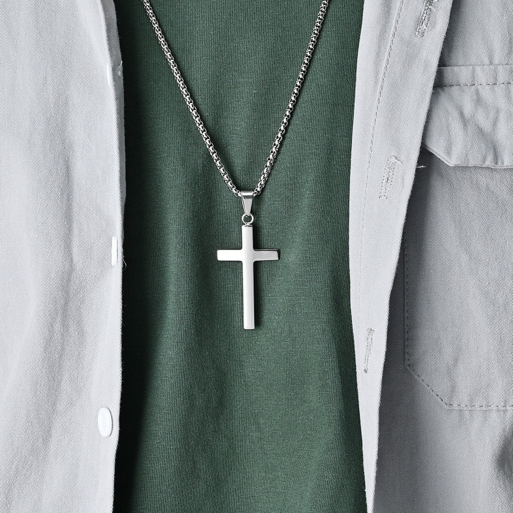 Cross-Border Simple Neutral Wind Beveled Stainless Steel Cross Necklace for Men