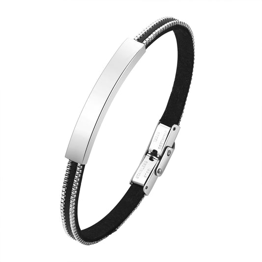 Stainless Steel Curved Box Chain PU Leather Bracelet Men's Accessories for Men