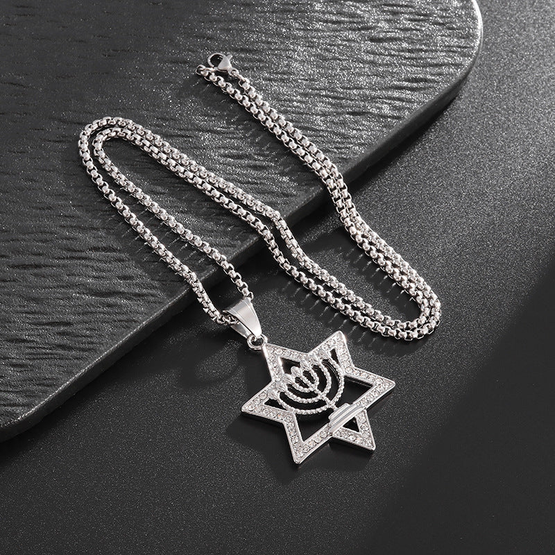 Planderful Everyday Genie Men's Six Pointed Star Necklace Titanium Steel Gold Plated Rhinestones Hip Hop Pendant