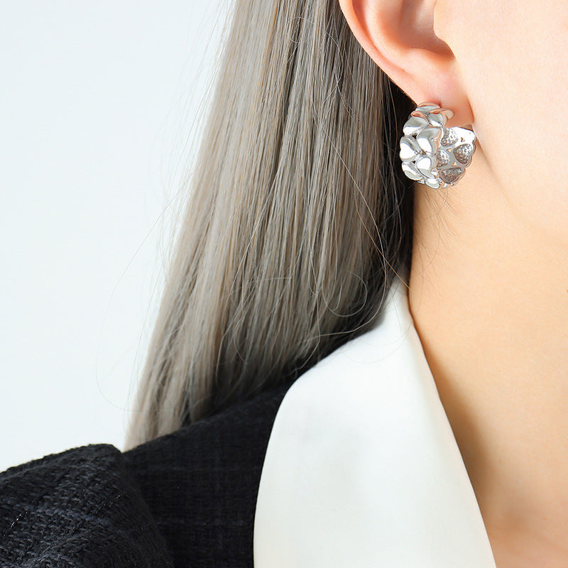 Peach Heart Splice European and American Earrings - Niche Design in Titanium Steel Electroplated with 18K Gold