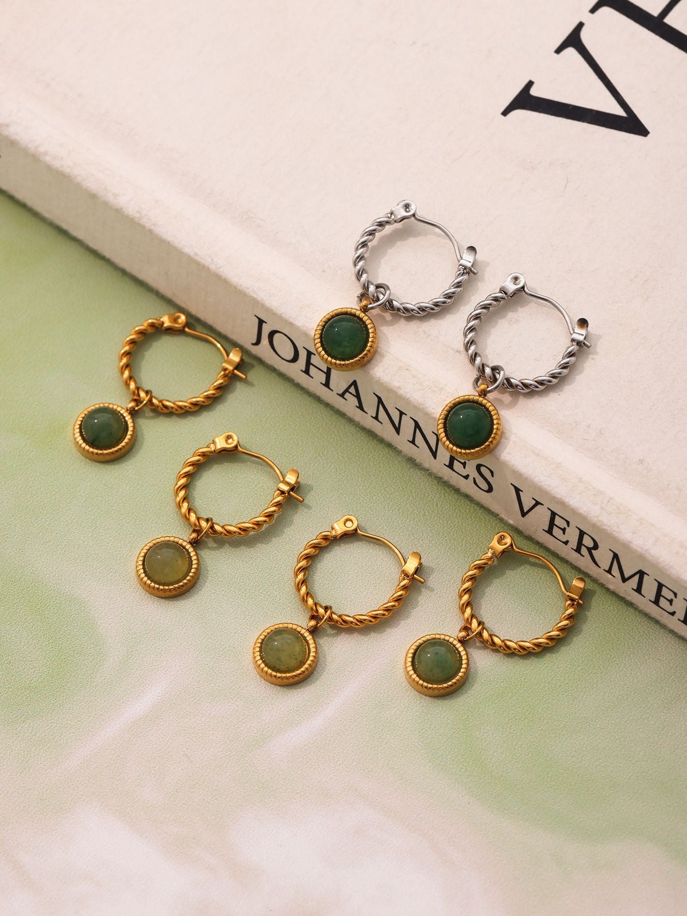 Planderful Green Agate Twist Earrings Gold Plated For Women