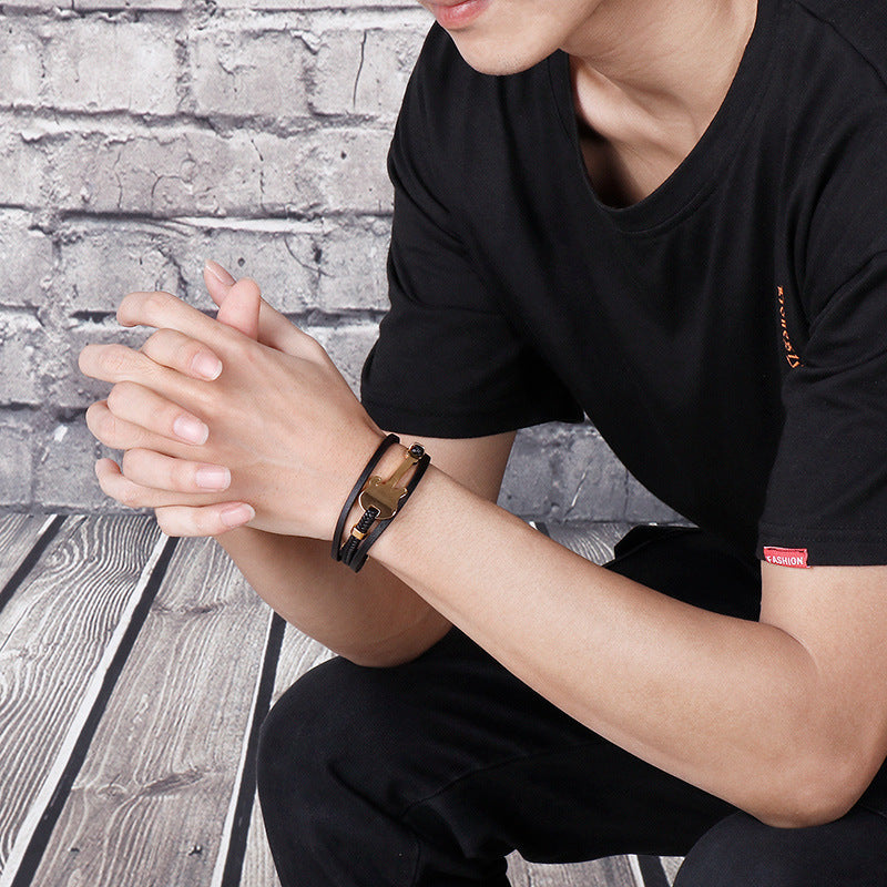 Planderful Titanium Steel Mini Guitar Leather Bracelet Men