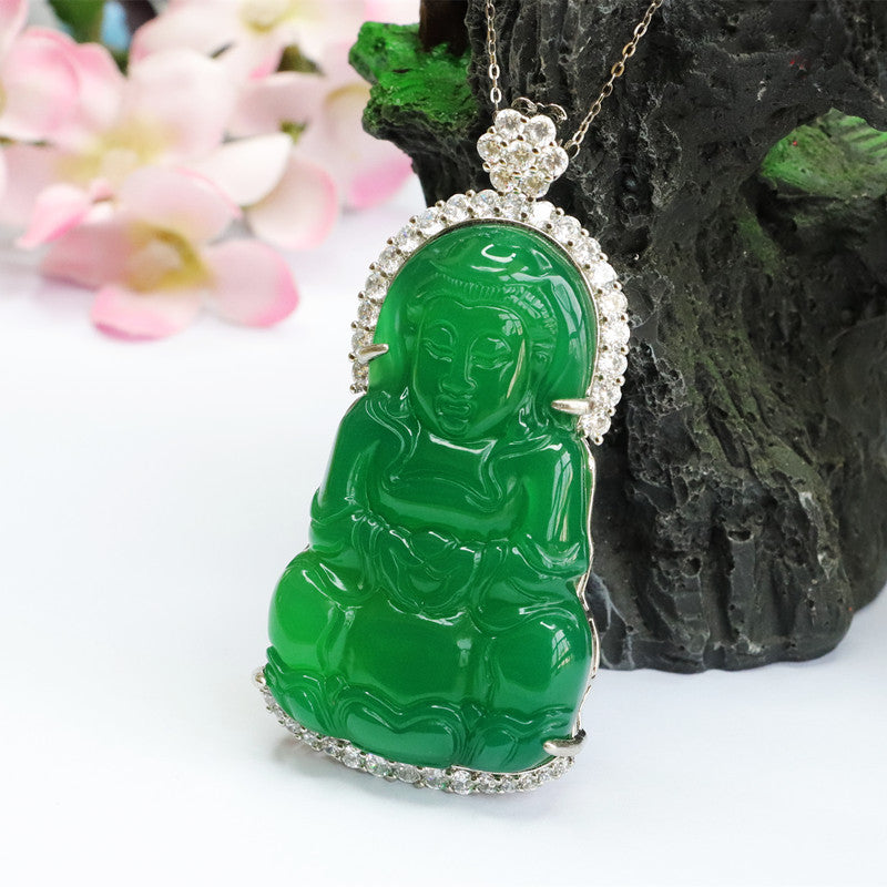 Green Chalcedony Guanyin Pendant Zircon Necklace Jewelry