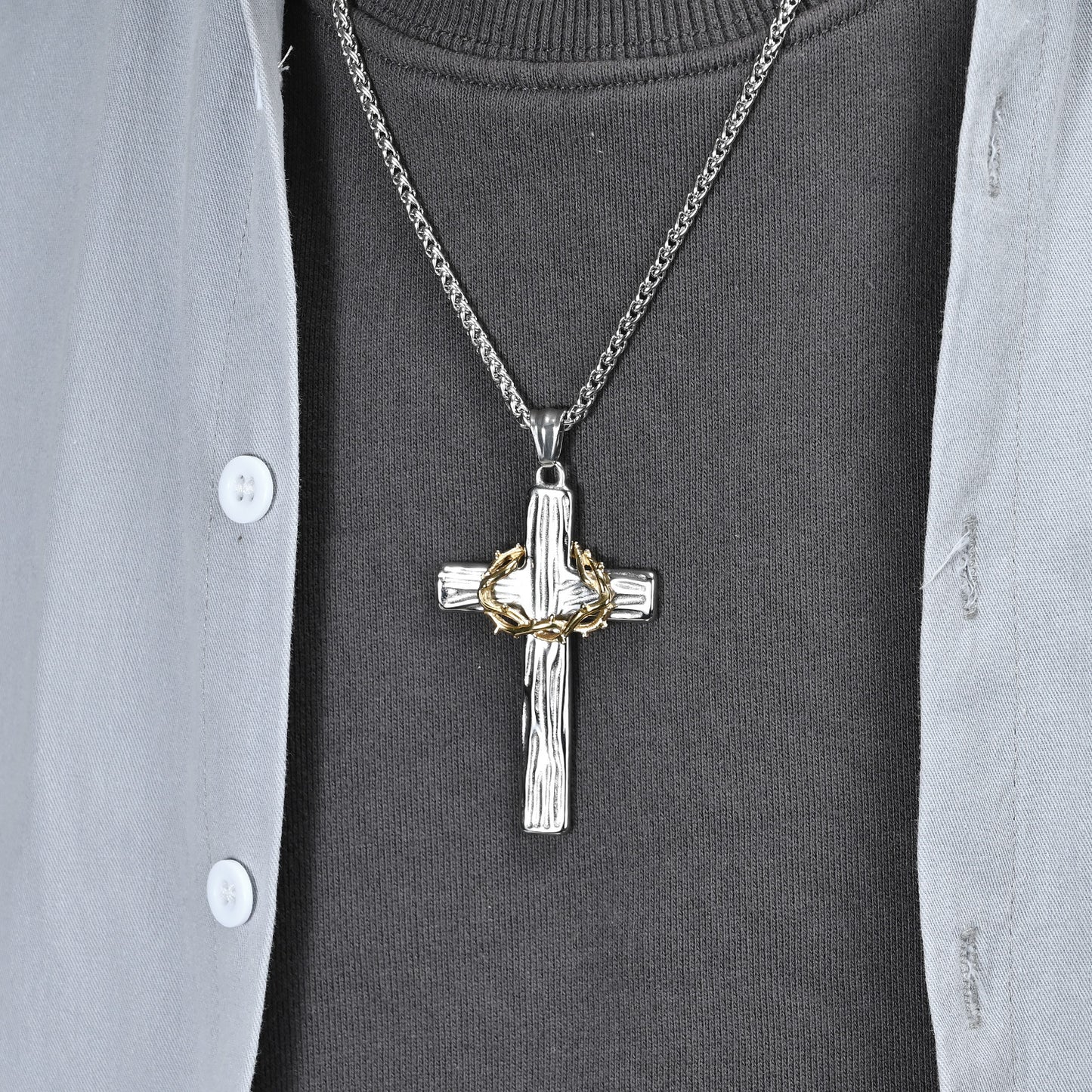 Planderful Cross Necklace For Men Titanium Steel Durable Thorn Wreath Pendant American Retro Style High End Gift