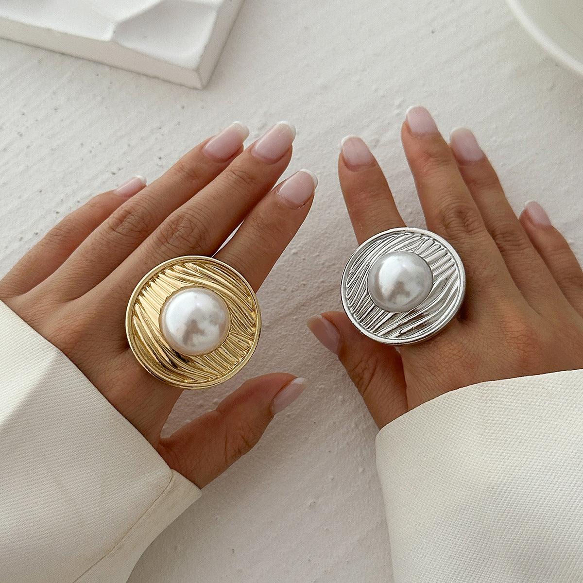 Planderful Vienna Verve Imitation Pearl Ring Open Wind Fold Metal Ring For Trendy Women And Gift Seekers
