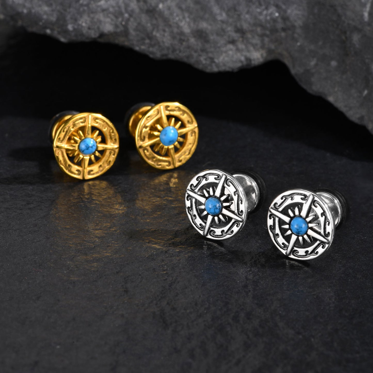 Planderful Turquoise Compass Stud Earrings Stainless For Men