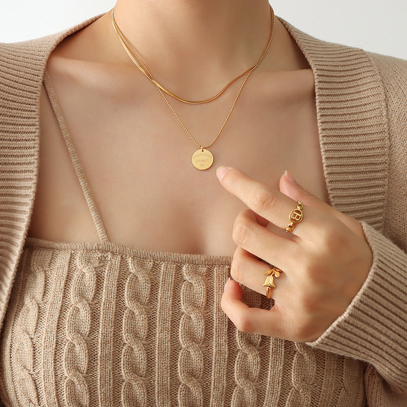 Modern Gold-Plated Double Chain Necklace with English Letter Pendant