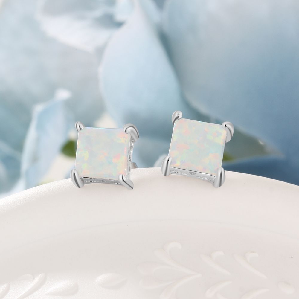 Planderful Jewelry Opal Stud Earrings Sterling Silver Four Claw Setting Everyday Elegance
