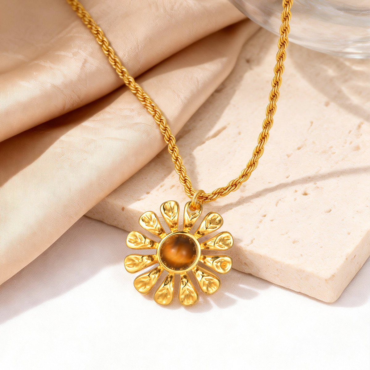 Stainless Steel French Flower Natural Tiger's Eye Necklace