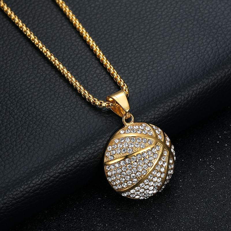 Planderful Basketball Pendant Necklace Premium Gold Plated Stainless Steel With Zircon For Hip Hop Fans