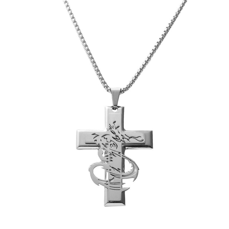 Trendy Men's Retro Dragon Cross Pendant Necklace in Titanium Steel