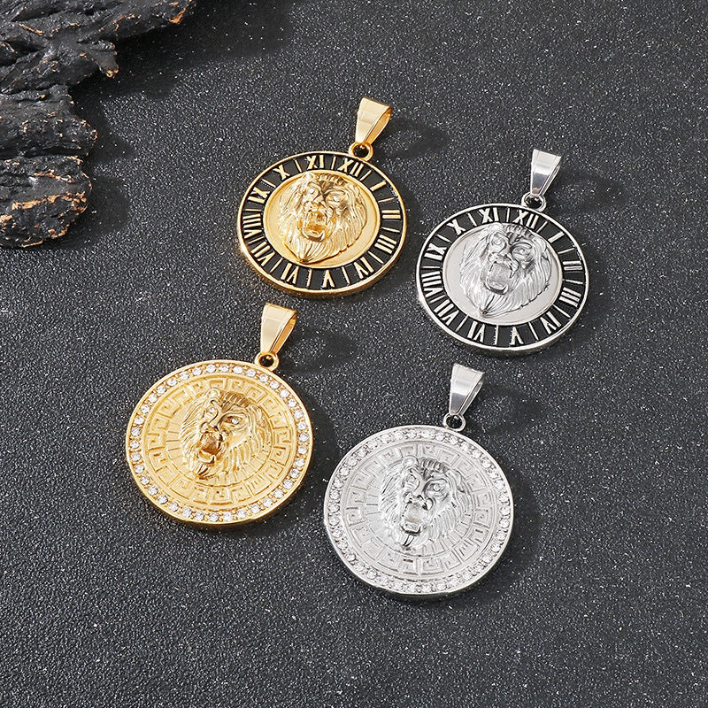 Planderful Zircon Lion Head Pendant Men Hip Hop Compass