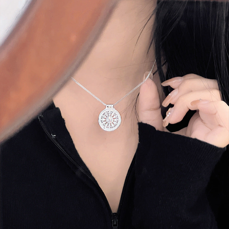 Guochao Hollow Auspicious Eight Treasures Compass Necklace Women's S925 Sterling Silver Clavicle Chain