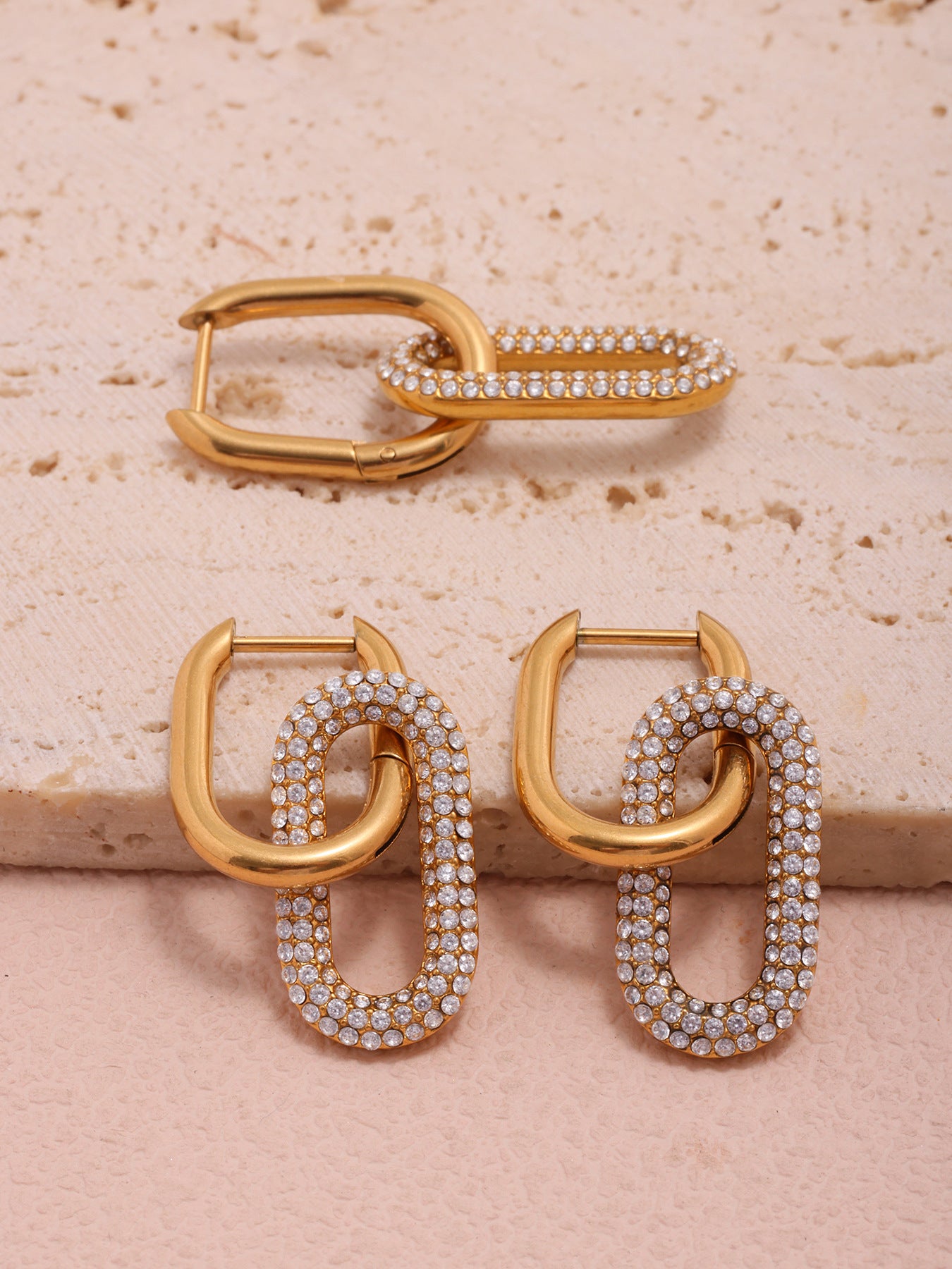 Planderful Stainless Steel Double Oval Ring Earrings Zircon