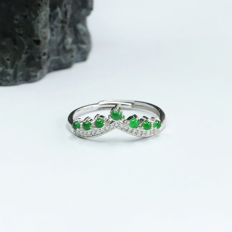 Sterling Silver Adjustable Ice Emperor Green Jade Crown Ring