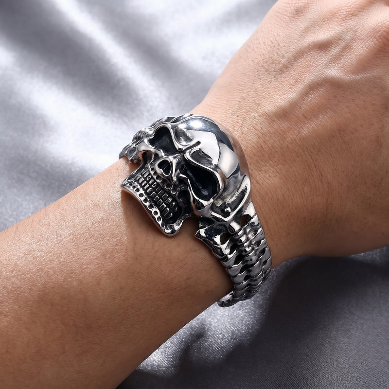 Punk Casting Three-Dimensional Skull Joint Titanium Steel Opening Bracelet Men's Dark