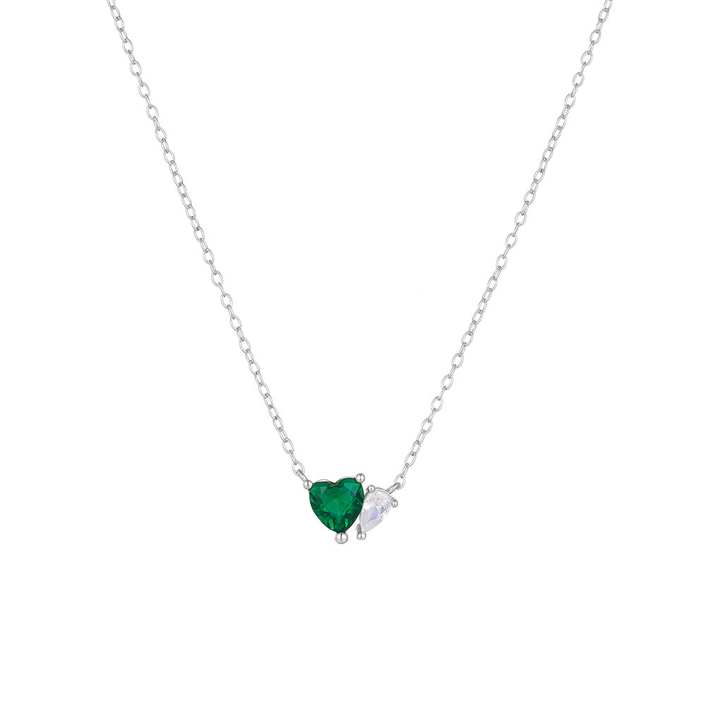 Emerald Green Heart Shape Zircon and Water Drop Zircon Silver Necklace