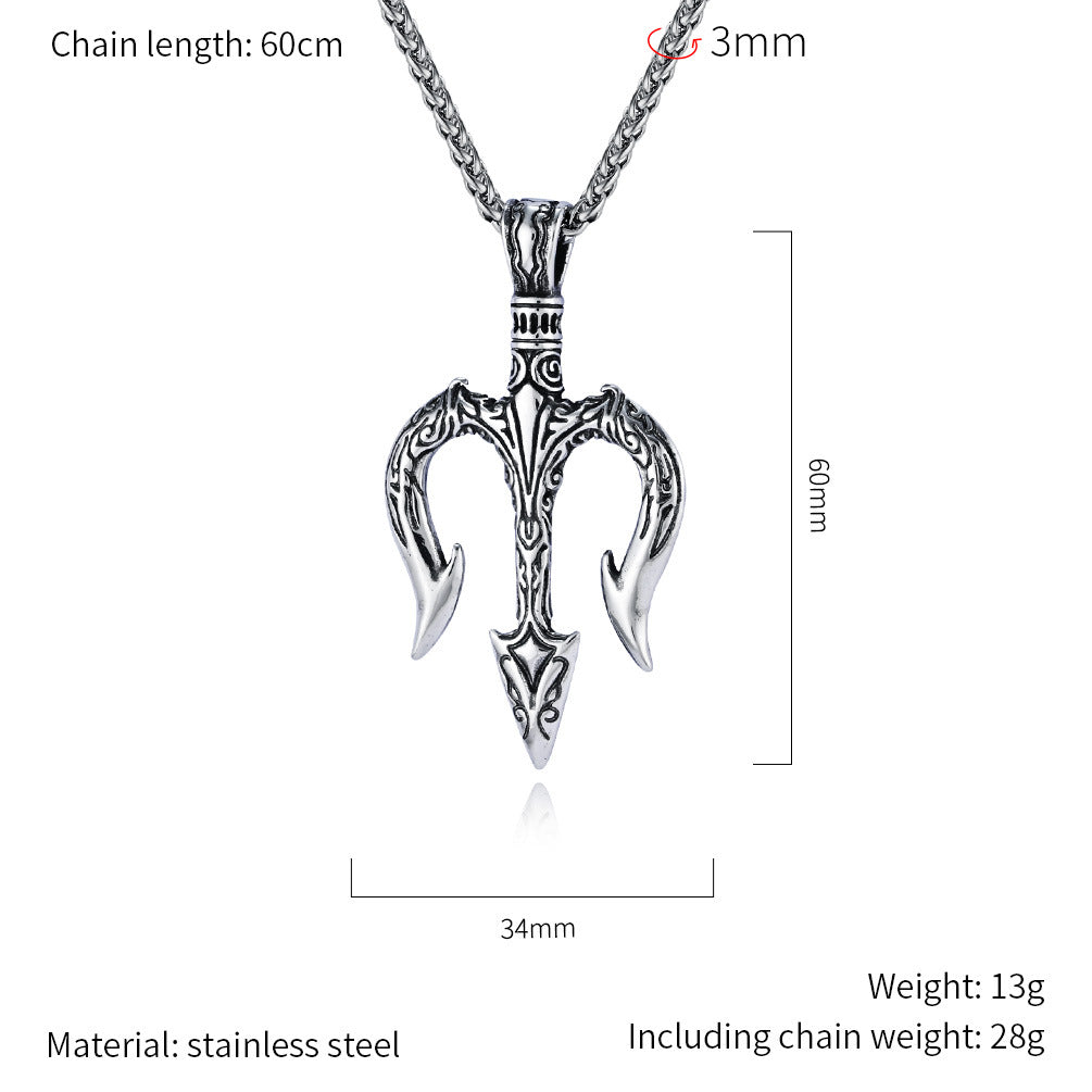 Steel Necklace - Vintage Trident Pendant For Men Everyday Hip Hop Jewelry By Planderful