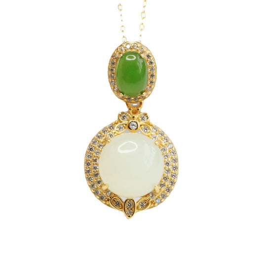 Round White Hetian Jade Pendant with Oval Jasper Zircon Necklace