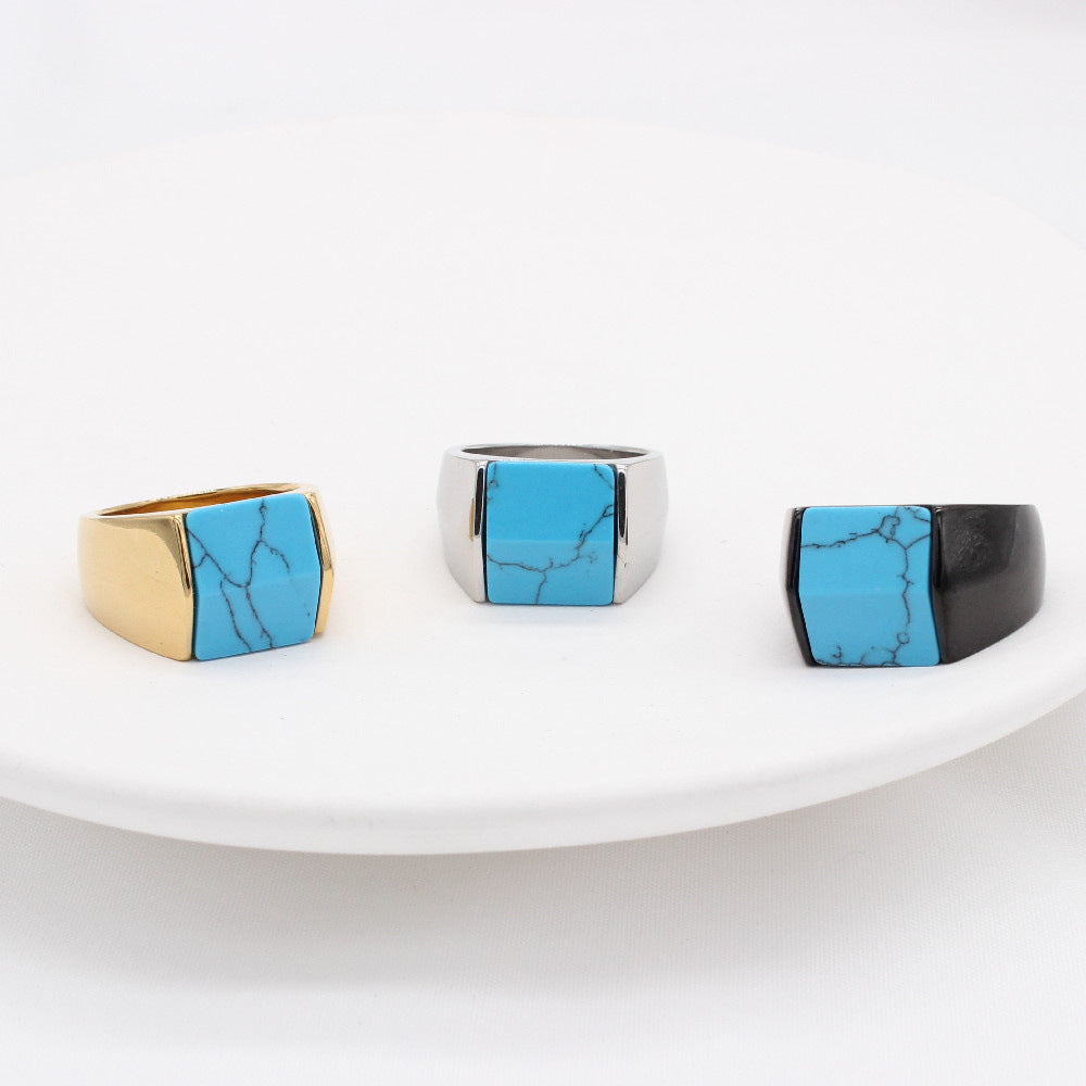 Turquoise Titanium Square Steel Ring For Men And Unisex Planderful Everyday Genie Protection Statement Jewelry