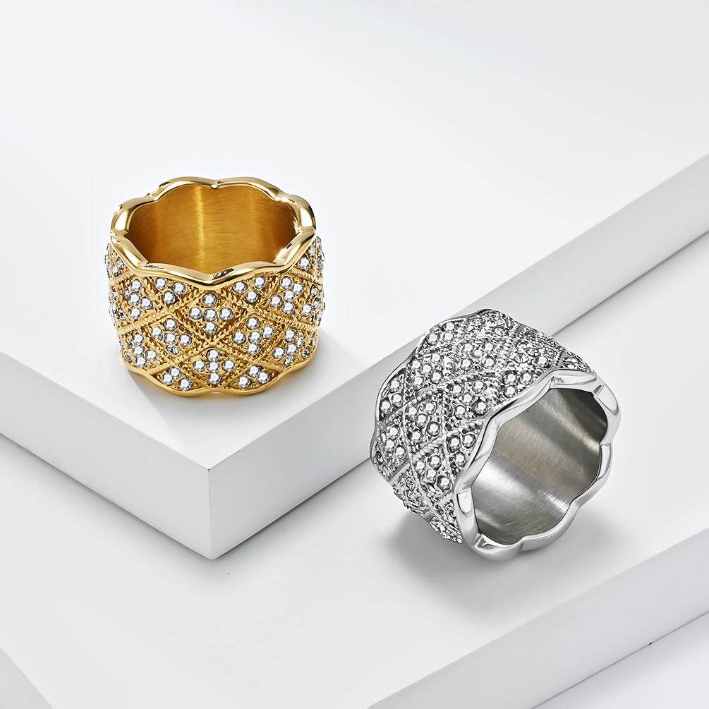 Planderful Unisex Zircon Ring Mesh Stainless Steel Gold Plated Light Luxury Fashion