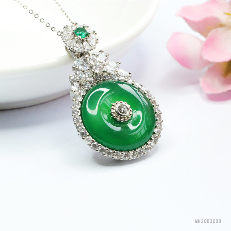 Green Chalcedony Zircon Peace Buckle Pendant — No Chain